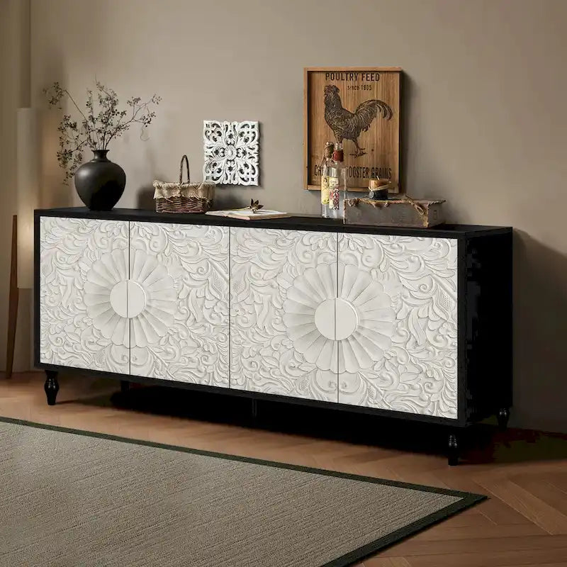 62.99 Accent TV Stand Cabinet with Carved Pattern Door, Storage Shelf, and Solid Wood Leg for Living Room