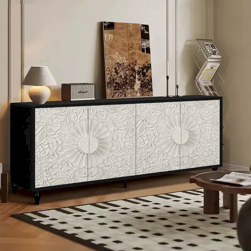 62.99 Accent TV Stand Cabinet with Carved Pattern Door, Storage Shelf, and Solid Wood Leg for Living Room