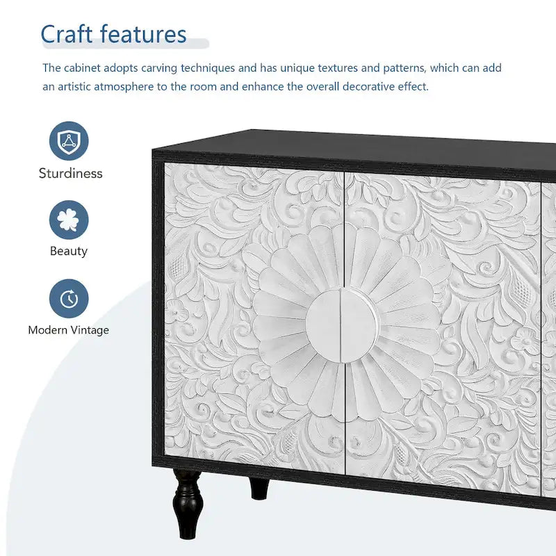 62.99 Accent TV Stand Cabinet with Carved Pattern Door, Storage Shelf, and Solid Wood Leg for Living Room