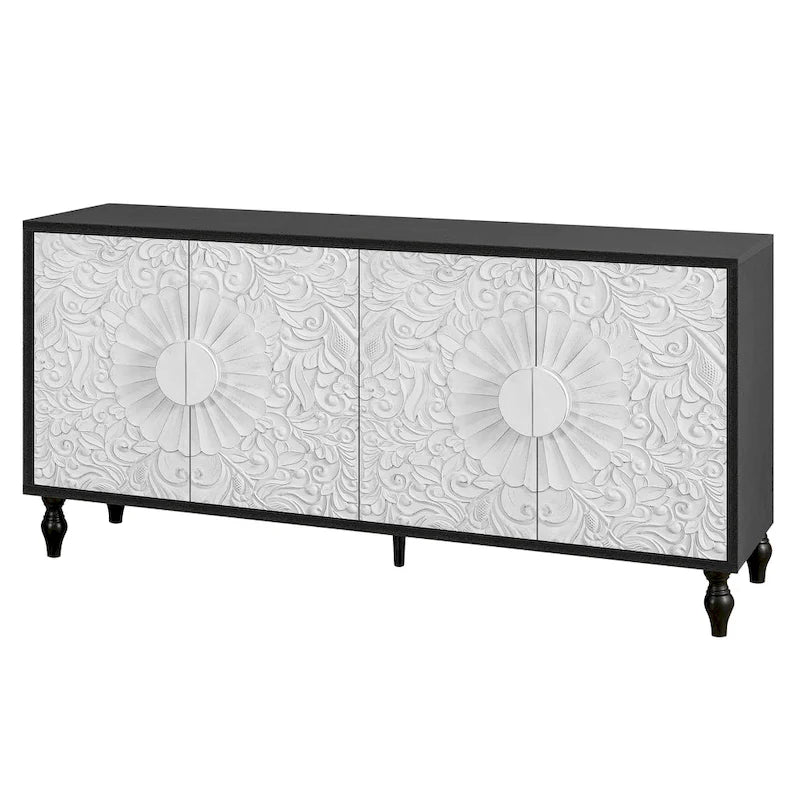 62.99 Accent TV Stand Cabinet with Carved Pattern Door, Storage Shelf, and Solid Wood Leg for Living Room