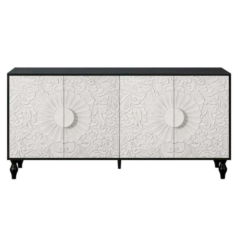 62.99 Accent TV Stand Cabinet with Carved Pattern Door, Storage Shelf, and Solid Wood Leg for Living Room