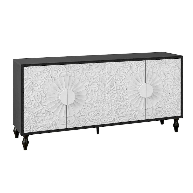 62.99 Accent TV Stand Cabinet with Carved Pattern Door, Storage Shelf, and Solid Wood Leg for Living Room