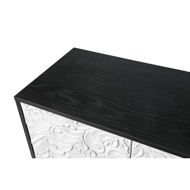 62.99 Accent TV Stand Cabinet with Carved Pattern Door, Storage Shelf, and Solid Wood Leg for Living Room