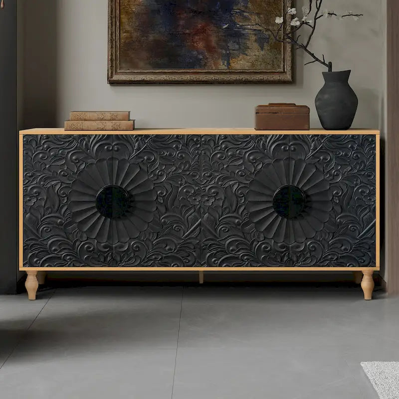 62.99 Accent TV Stand Cabinet with Carved Pattern Door, Storage Shelf, and Solid Wood Leg for Living Room