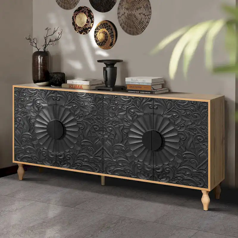 62.99 Accent TV Stand Cabinet with Carved Pattern Door, Storage Shelf, and Solid Wood Leg for Living Room
