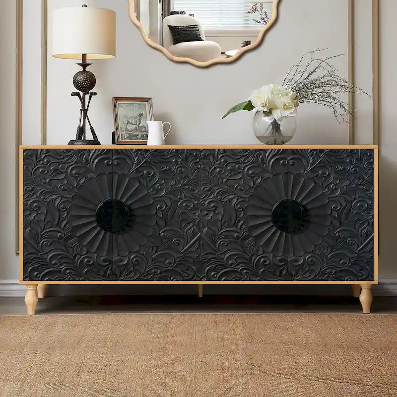 62.99 Accent TV Stand Cabinet with Carved Pattern Door, Storage Shelf, and Solid Wood Leg for Living Room