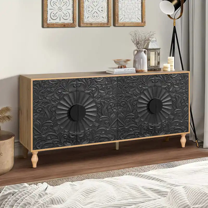 62.99 Accent TV Stand Cabinet with Carved Pattern Door, Storage Shelf, and Solid Wood Leg for Living Room