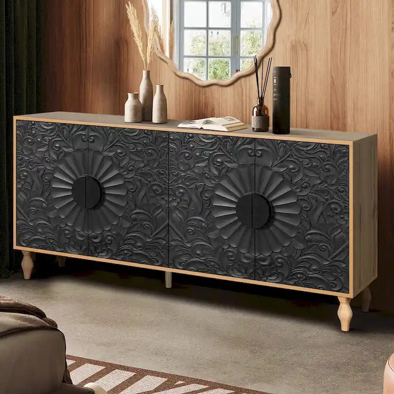 62.99 Accent TV Stand Cabinet with Carved Pattern Door, Storage Shelf, and Solid Wood Leg for Living Room