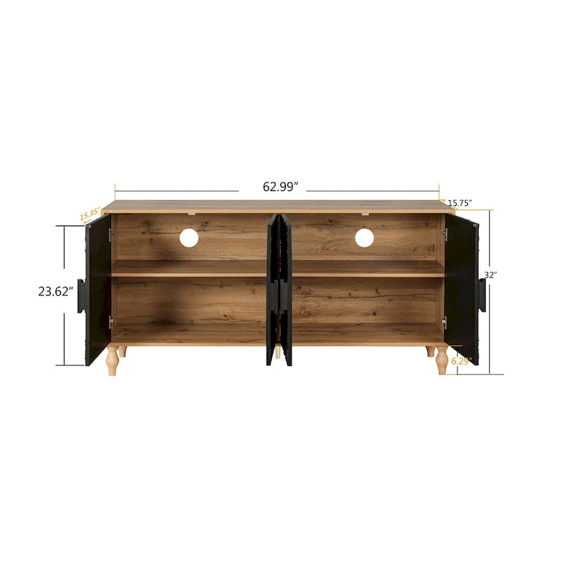 62.99 Accent TV Stand Cabinet with Carved Pattern Door, Storage Shelf, and Solid Wood Leg for Living Room
