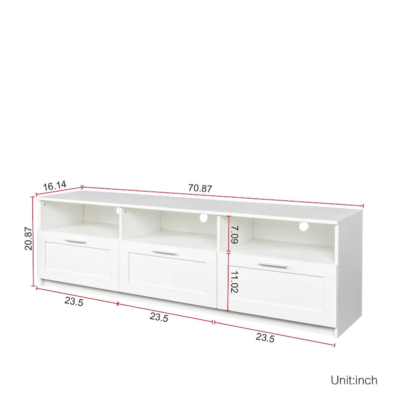 White 70 TV Stand with Open Storage & Drawers for Living Room