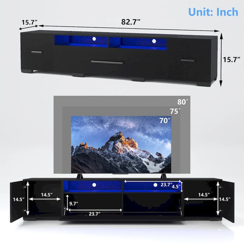Black 83 TV Console with RGB Lights & Storage for TVs Up to 80