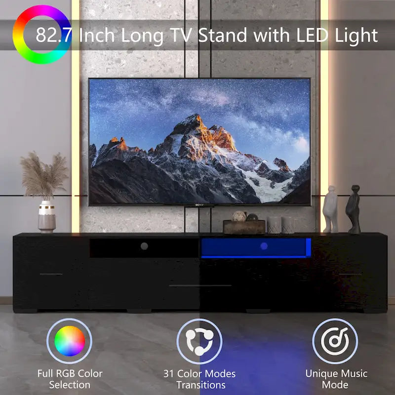 Black 83 TV Console with RGB Lights & Storage for TVs Up to 80