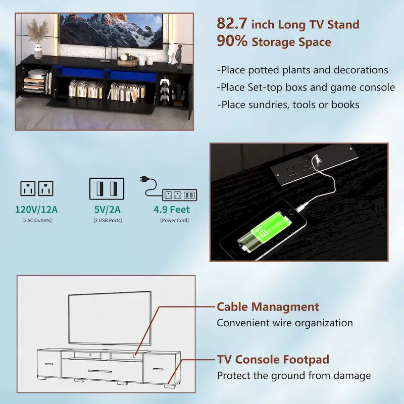Black 83 TV Console with RGB Lights & Storage for TVs Up to 80