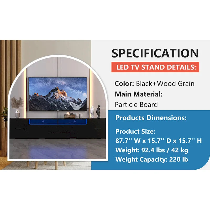 Black 83 TV Console with RGB Lights & Storage for TVs Up to 80