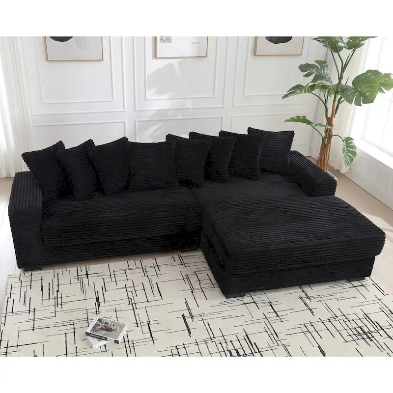 Black 111 Corduroy Upholstered L-Shaped Sectional Sofa with Oversized Right Chaise Longue and 8 Throw Pillows