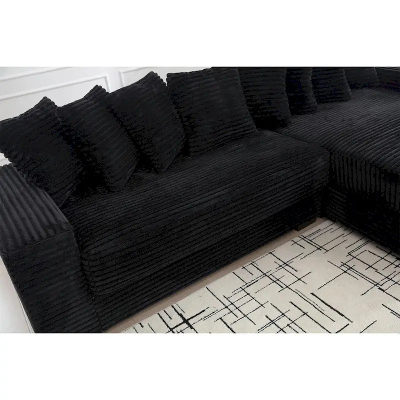 Black 111 Corduroy Upholstered L-Shaped Sectional Sofa with Oversized Right Chaise Longue and 8 Throw Pillows