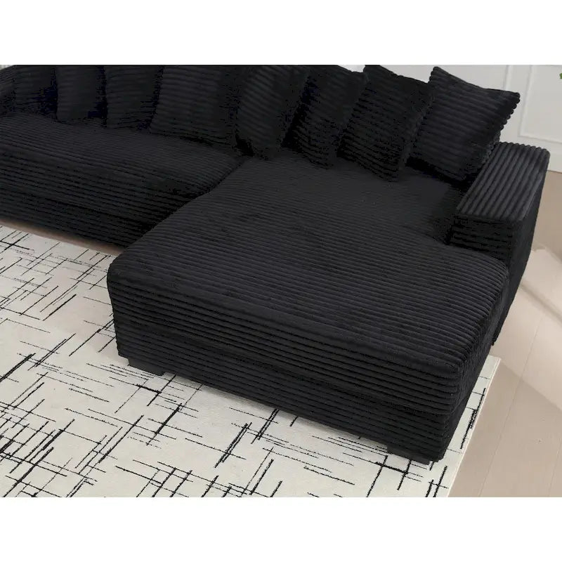 Black 111 Corduroy Upholstered L-Shaped Sectional Sofa with Oversized Right Chaise Longue and 8 Throw Pillows