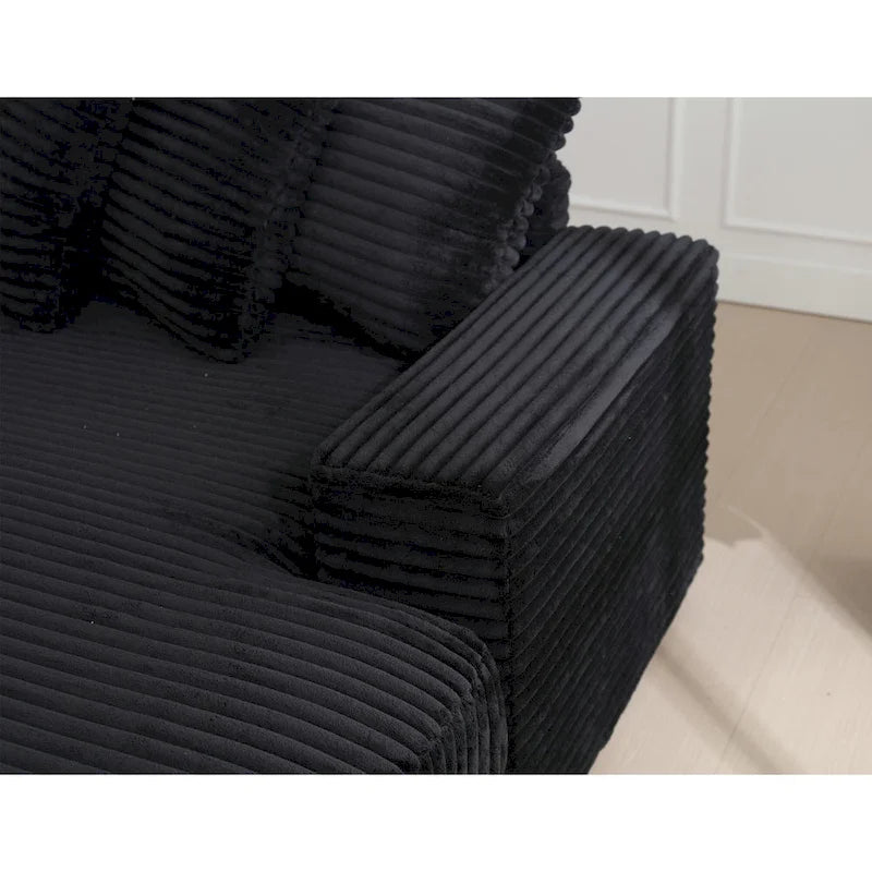 Black 111 Corduroy Upholstered L-Shaped Sectional Sofa with Oversized Right Chaise Longue and 8 Throw Pillows