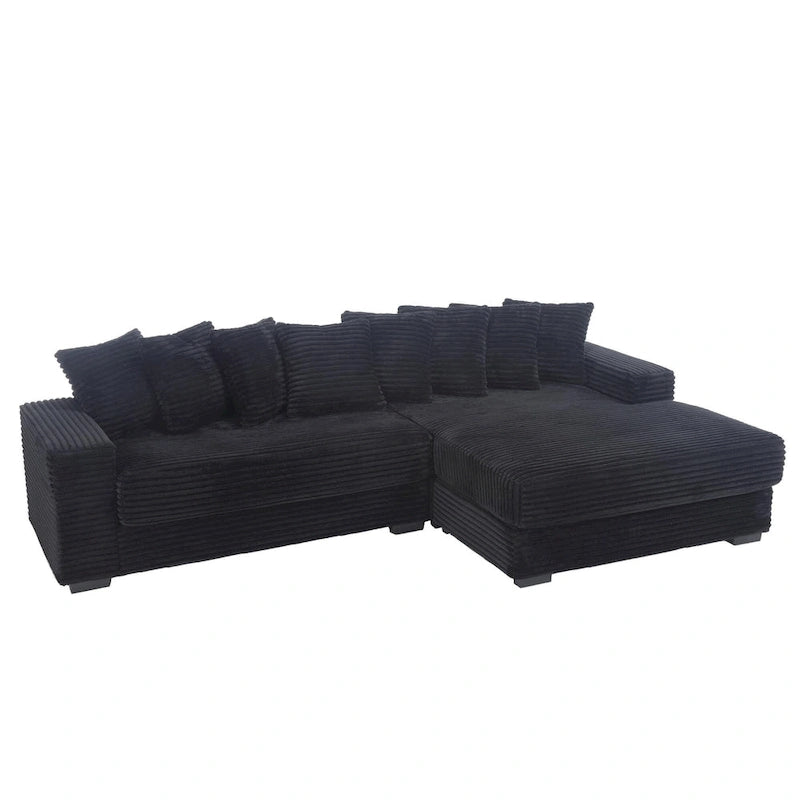 Black 111 Corduroy Upholstered L-Shaped Sectional Sofa with Oversized Right Chaise Longue and 8 Throw Pillows