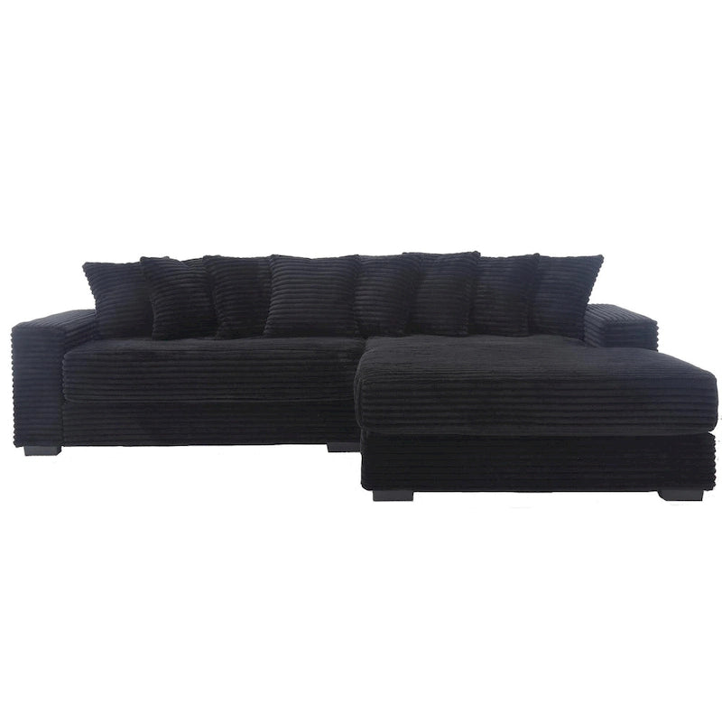 Black 111 Corduroy Upholstered L-Shaped Sectional Sofa with Oversized Right Chaise Longue and 8 Throw Pillows