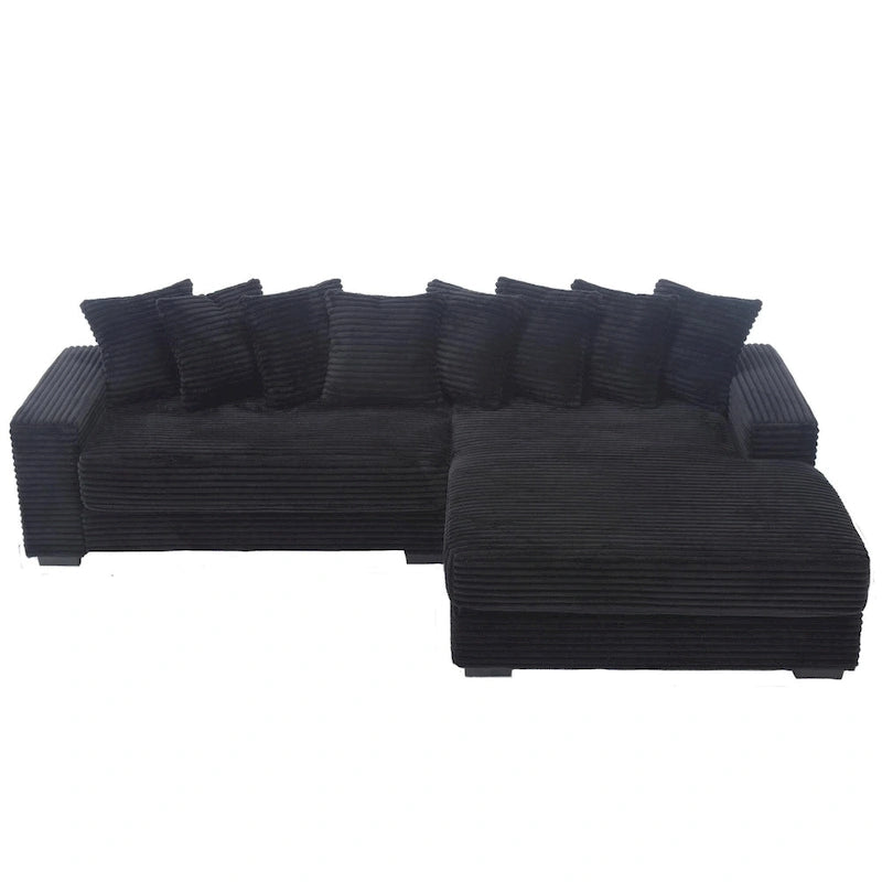 Black 111 Corduroy Upholstered L-Shaped Sectional Sofa with Oversized Right Chaise Longue and 8 Throw Pillows