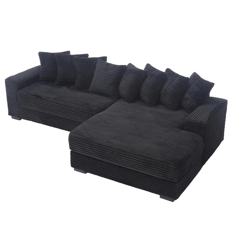 Black 111 Corduroy Upholstered L-Shaped Sectional Sofa with Oversized Right Chaise Longue and 8 Throw Pillows