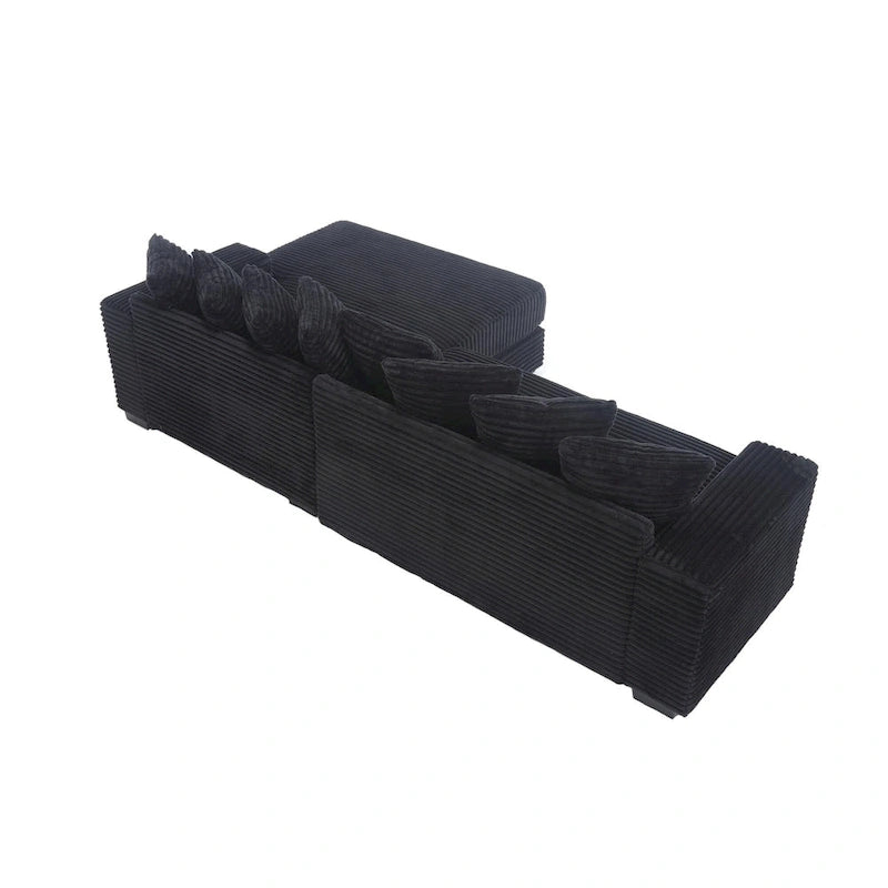 Black 111 Corduroy Upholstered L-Shaped Sectional Sofa with Oversized Right Chaise Longue and 8 Throw Pillows