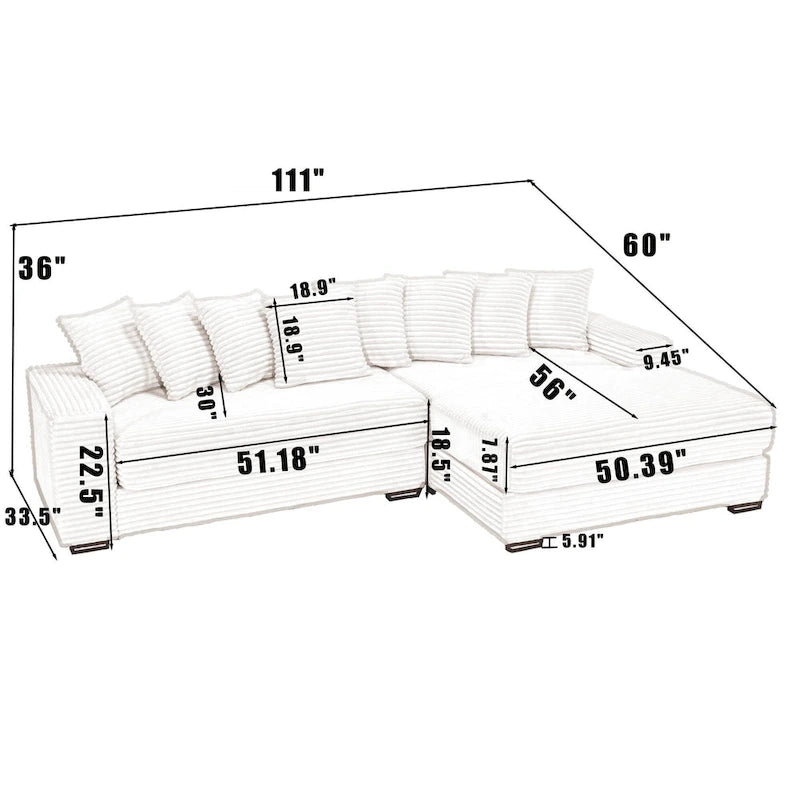 Black 111 Corduroy Upholstered L-Shaped Sectional Sofa with Oversized Right Chaise Longue and 8 Throw Pillows