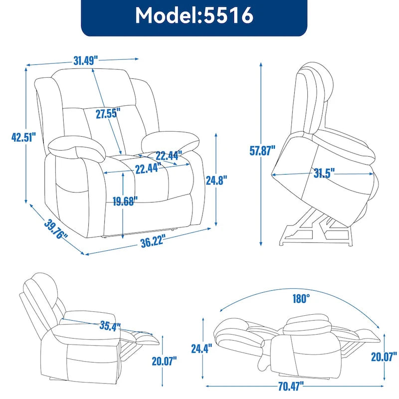 Medium-Sized Electric Power Lift Recliner Chair in Genuine Leather with Dual Motors, 8-Point Massage, Lumbar Heating