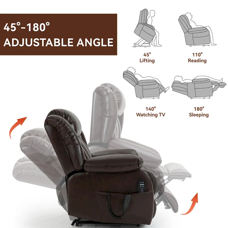 Medium-Sized Electric Power Lift Recliner Chair in Genuine Leather with Dual Motors, 8-Point Massage, Lumbar Heating