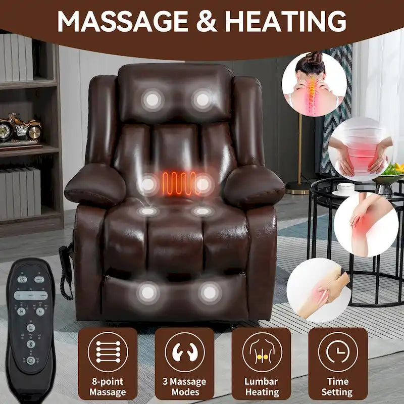 Medium-Sized Electric Power Lift Recliner Chair in Genuine Leather with Dual Motors, 8-Point Massage, Lumbar Heating