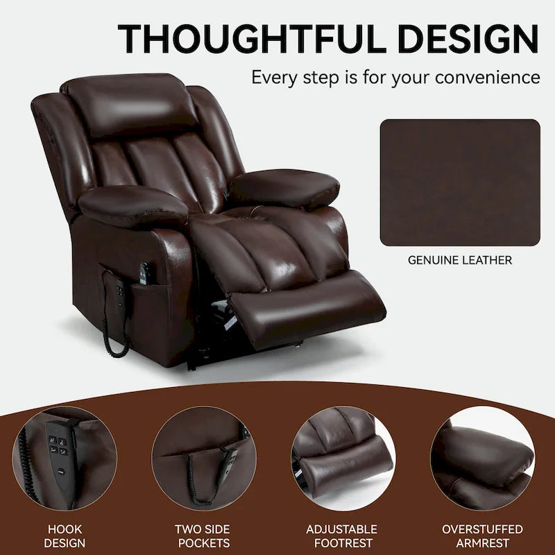 Medium-Sized Electric Power Lift Recliner Chair in Genuine Leather with Dual Motors, 8-Point Massage, Lumbar Heating