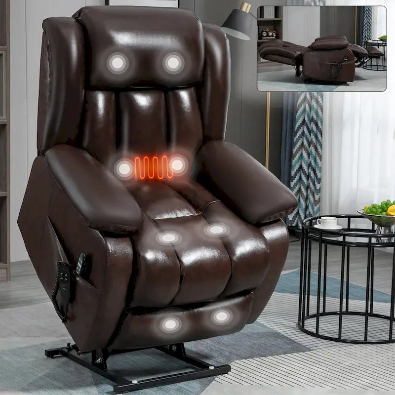Medium-Sized Electric Power Lift Recliner Chair in Genuine Leather with Dual Motors, 8-Point Massage, Lumbar Heating