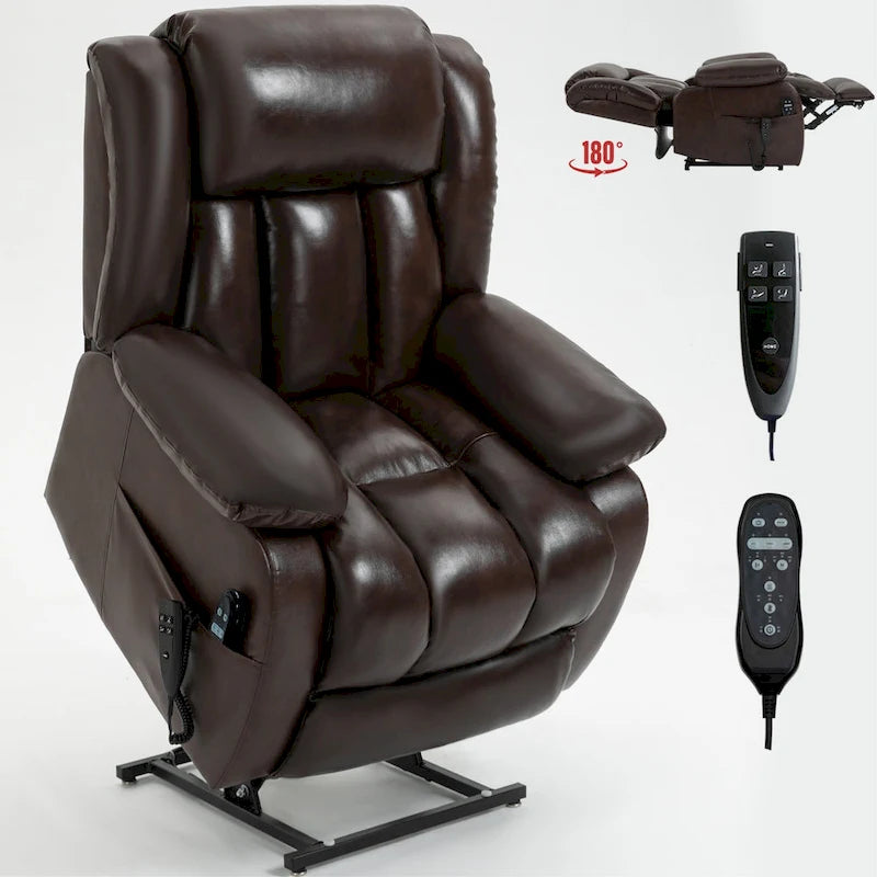Medium-Sized Electric Power Lift Recliner Chair in Genuine Leather with Dual Motors, 8-Point Massage, Lumbar Heating