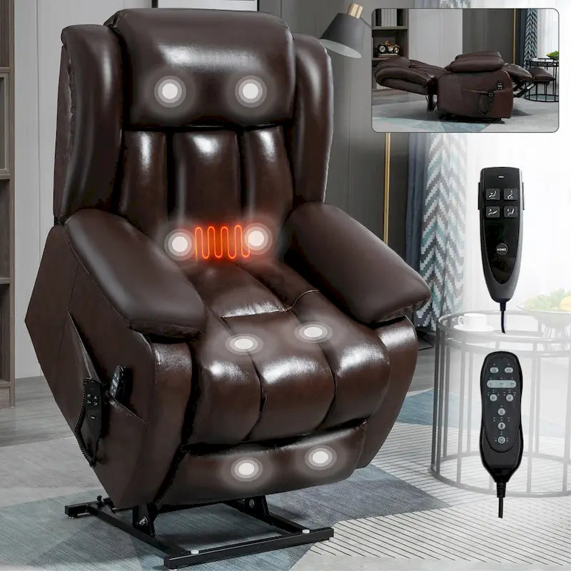 Medium-Sized Electric Power Lift Recliner Chair in Genuine Leather with Dual Motors, 8-Point Massage, Lumbar Heating