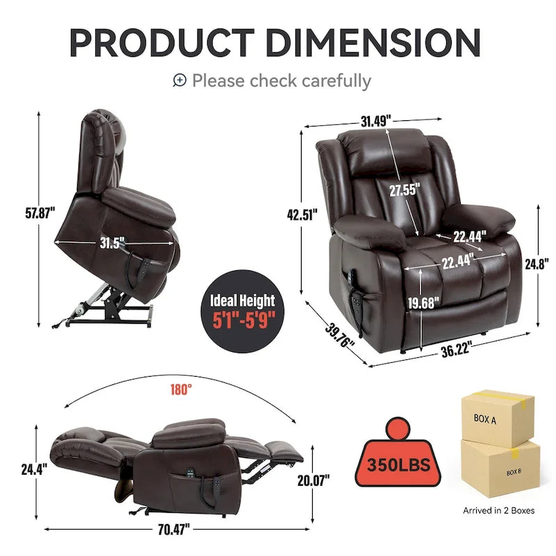 Medium-Sized Electric Power Lift Recliner Chair in Genuine Leather with Dual Motors, 8-Point Massage, Lumbar Heating