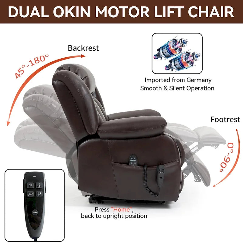 Medium-Sized Electric Power Lift Recliner Chair in Genuine Leather with Dual Motors, 8-Point Massage, Lumbar Heating