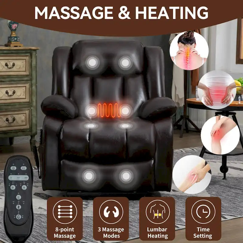 Medium-Sized Electric Power Lift Recliner Chair in Genuine Leather with Dual Motors, 8-Point Massage, Lumbar Heating