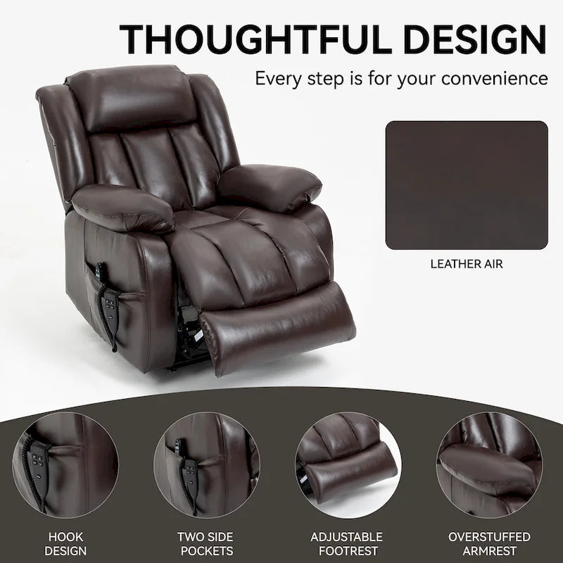 Medium-Sized Electric Power Lift Recliner Chair in Genuine Leather with Dual Motors, 8-Point Massage, Lumbar Heating