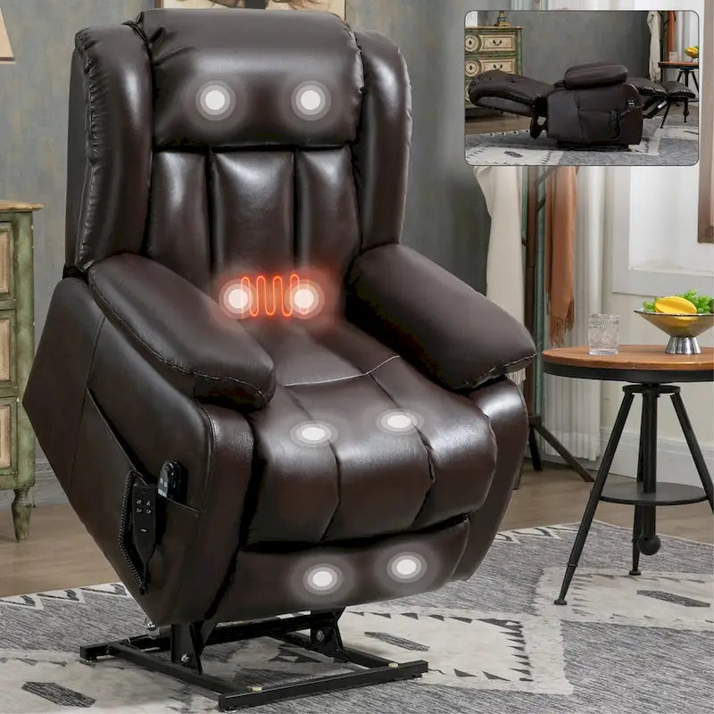 Medium-Sized Electric Power Lift Recliner Chair in Genuine Leather with Dual Motors, 8-Point Massage, Lumbar Heating