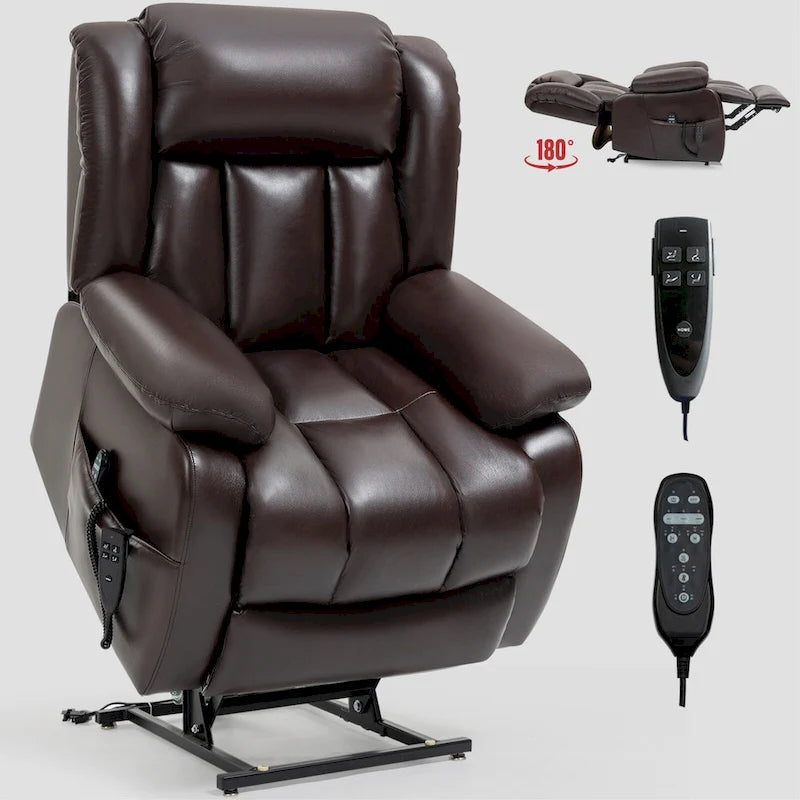 Medium-Sized Electric Power Lift Recliner Chair in Genuine Leather with Dual Motors, 8-Point Massage, Lumbar Heating