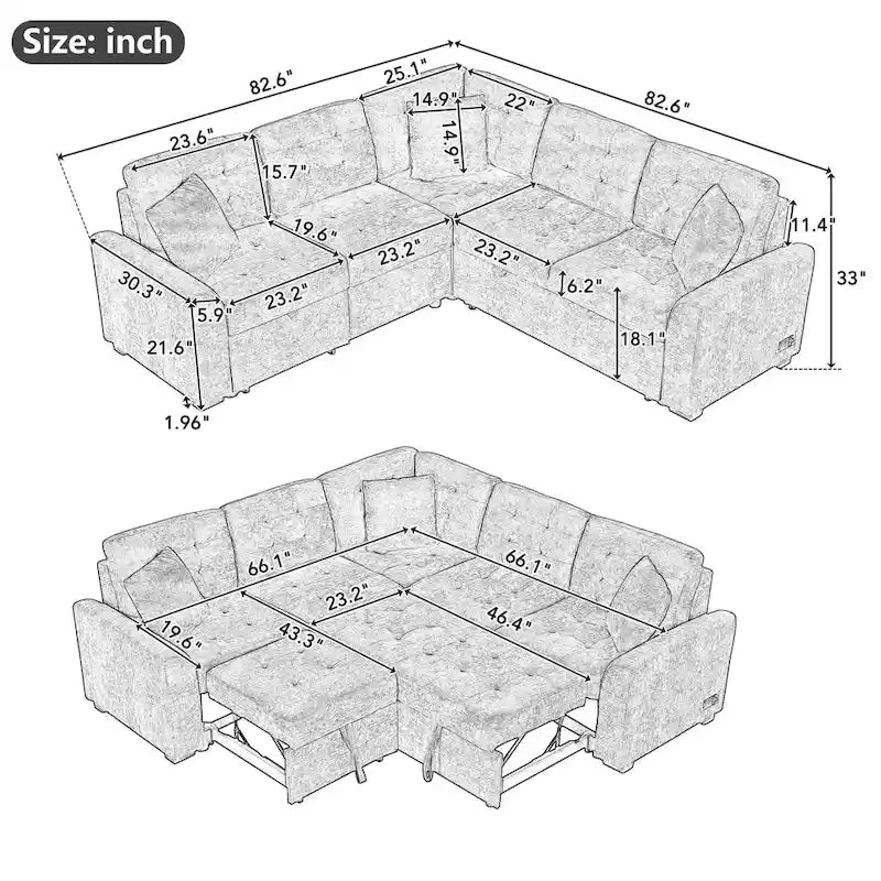 Blue 82.6 Convertible L-Shaped 5-Seat Sectional Sofa on Wheels, Featuring Pull-Out Bed, USB Ports, and Power Outlets