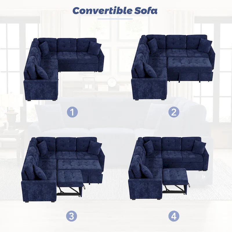 Blue 82.6 Convertible L-Shaped 5-Seat Sectional Sofa on Wheels, Featuring Pull-Out Bed, USB Ports, and Power Outlets