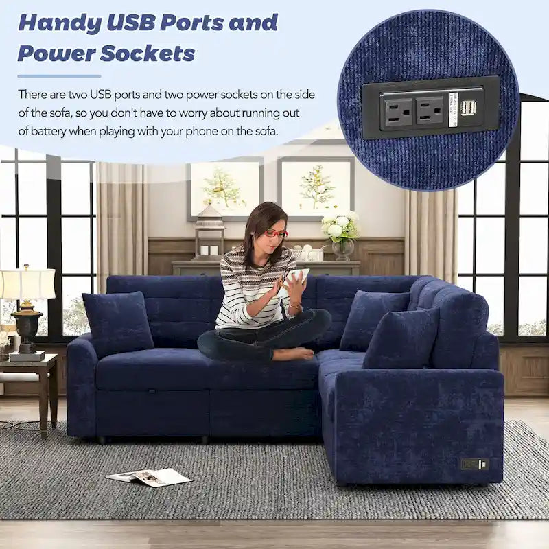 Blue 82.6 Convertible L-Shaped 5-Seat Sectional Sofa on Wheels, Featuring Pull-Out Bed, USB Ports, and Power Outlets
