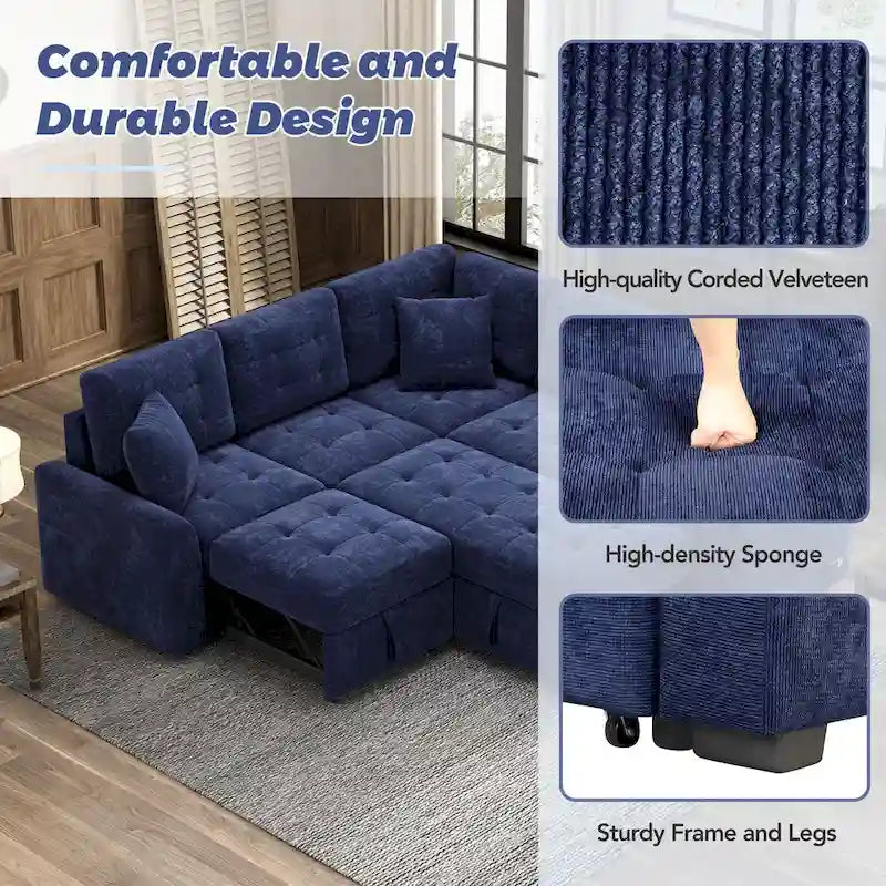 Blue 82.6 Convertible L-Shaped 5-Seat Sectional Sofa on Wheels, Featuring Pull-Out Bed, USB Ports, and Power Outlets