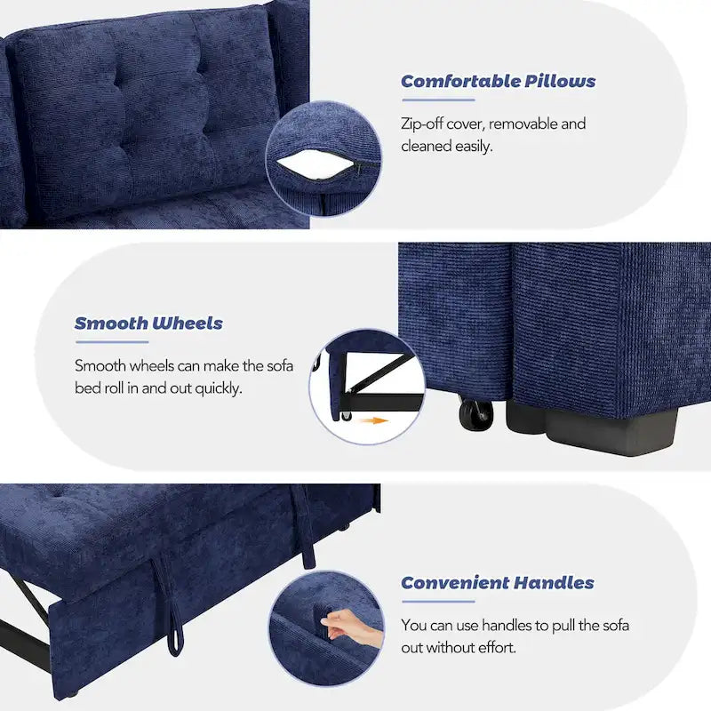 Blue 82.6 Convertible L-Shaped 5-Seat Sectional Sofa on Wheels, Featuring Pull-Out Bed, USB Ports, and Power Outlets