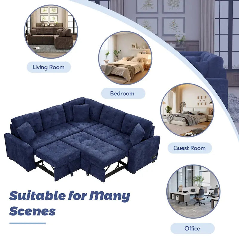Blue 82.6 Convertible L-Shaped 5-Seat Sectional Sofa on Wheels, Featuring Pull-Out Bed, USB Ports, and Power Outlets
