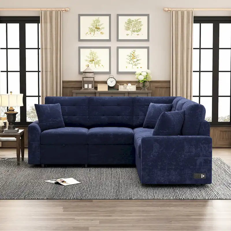 Blue 82.6 Convertible L-Shaped 5-Seat Sectional Sofa on Wheels, Featuring Pull-Out Bed, USB Ports, and Power Outlets