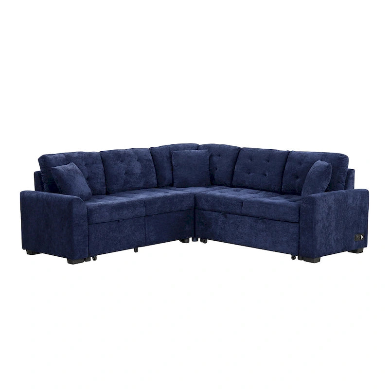Blue 82.6 Convertible L-Shaped 5-Seat Sectional Sofa on Wheels, Featuring Pull-Out Bed, USB Ports, and Power Outlets