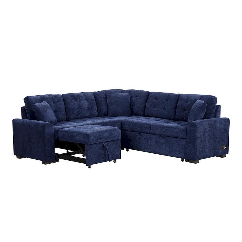 Blue 82.6 Convertible L-Shaped 5-Seat Sectional Sofa on Wheels, Featuring Pull-Out Bed, USB Ports, and Power Outlets